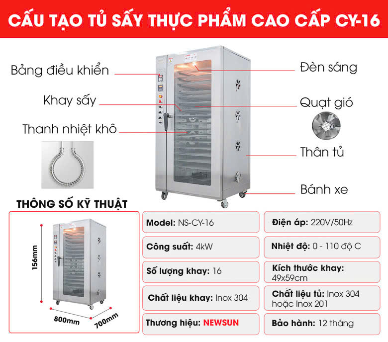 Cấu tạo tủ sấy thực phẩm CY-16 cao cấp Cấu tạo tủ sấy thực phẩm CY-16 cao cấp