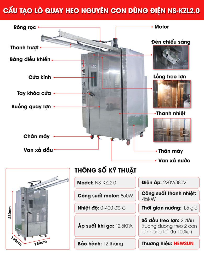 Chi tiết cấu tạo của lò quay heo nguyên con dùng điện NS-KZL2.0