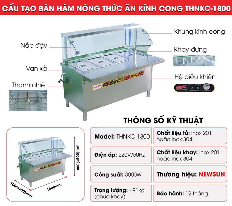 Cấu tạo tủ hâm nóng đồ ăn kính cong KC-1800