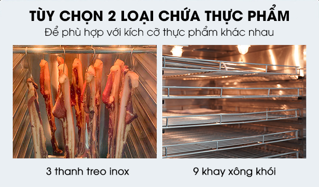 9 khay xông khói thực phẩm và 3 thanh treo inox