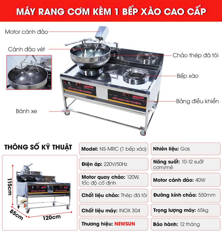 Cấu tạo máy rang cơm kèm một bếp xào