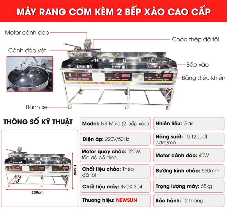 Cấu tạo máy rang cơm kèm 2 bếp xào