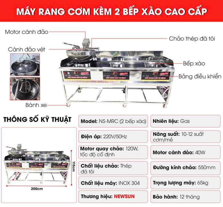 Cấu tạo máy rang cơm kèm 2 bếp xào