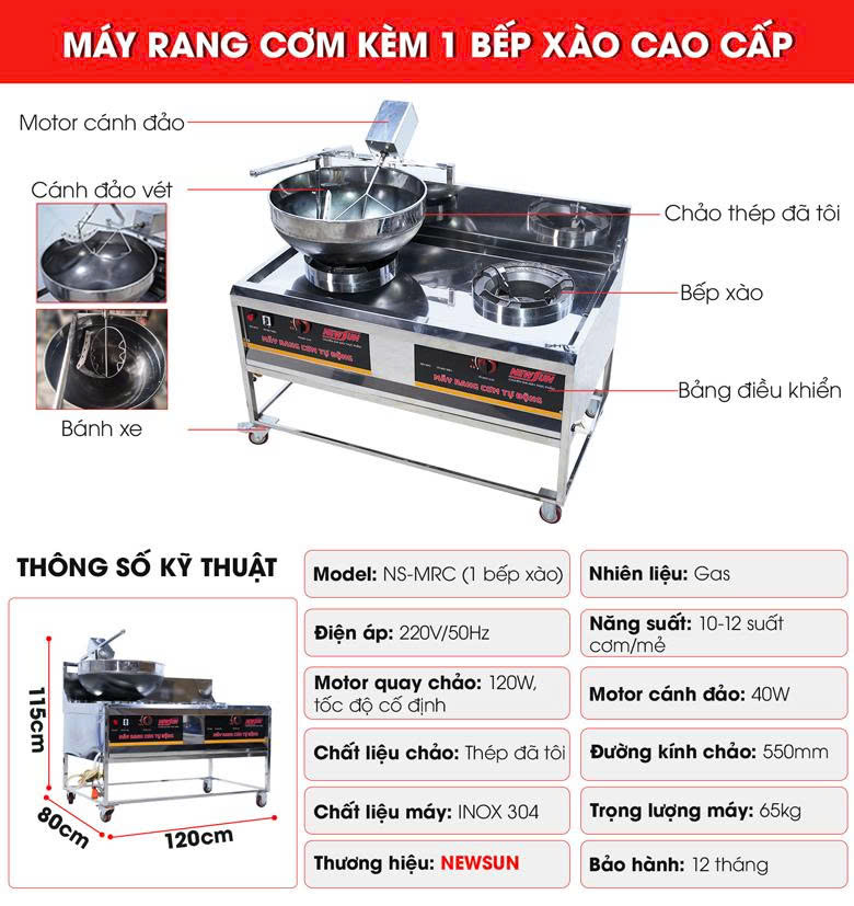 Cấu tạo máy rang cơm kèm một bếp xào