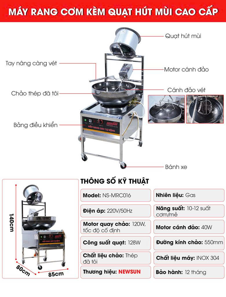 Cấu tạo máy rang cơm kèm quạt hút mùi