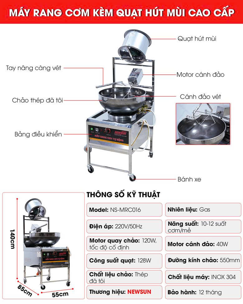 Cấu tạo máy rang cơm kèm quạt hút mùi