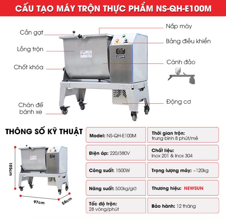 Chi tiết cấu tạo máy trộn thực phẩm lồng ngang NS-QH-E100M