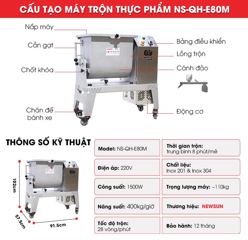 Cấu tạo máy trộn bột thực phẩm QH-E80M