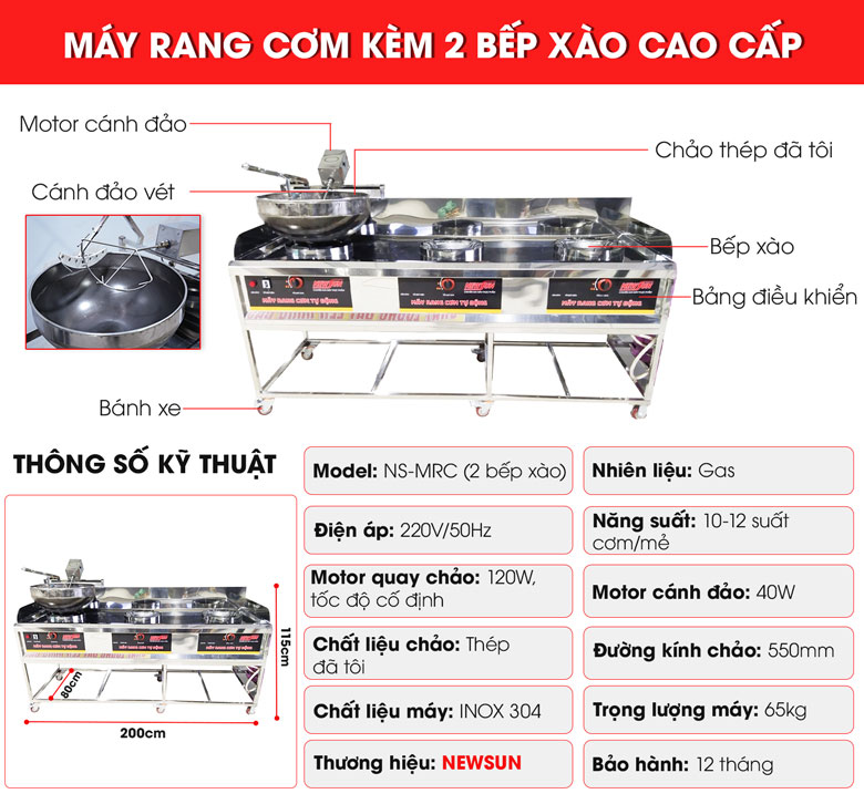 Cấu tạo máy rang cơm tự động kèm 2 bếp xào cao cấp