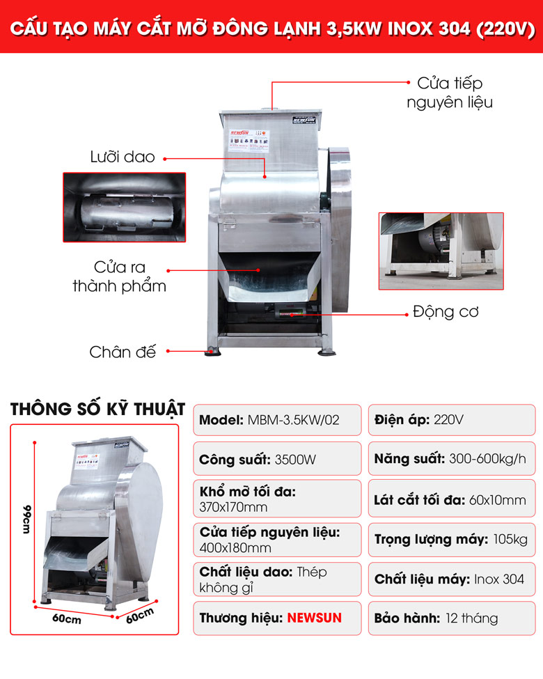 Cấu tạo máy cắt mỡ đông lạnh 3,5kW inox 304 (220V)
