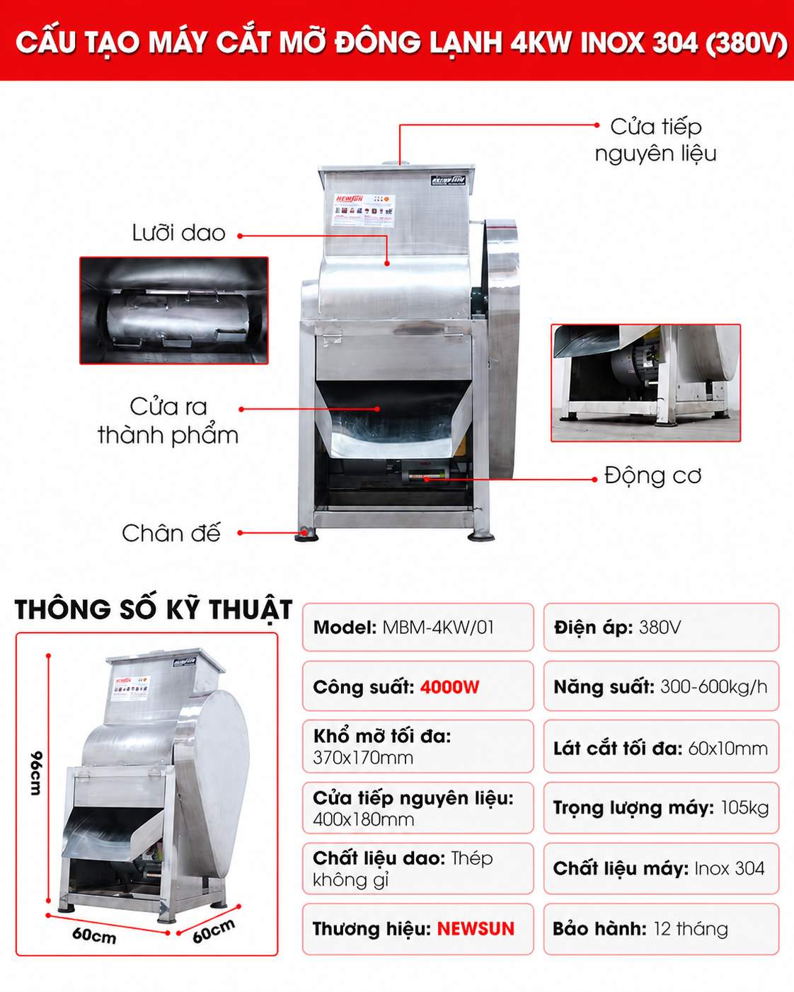 Cấu tạo máy cắt mỡ đông lạnh inox 304 4kW (380V)