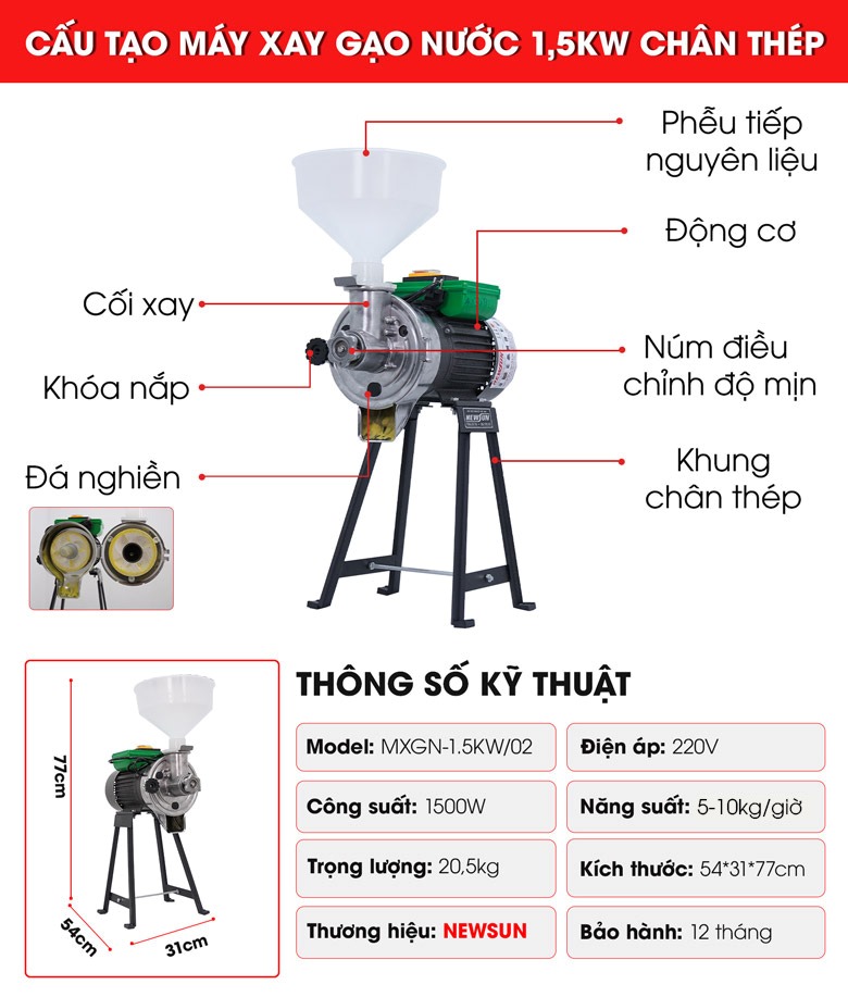 Cấu tạo máy xay bột gạo nước chân thép Cấu tạo máy xay bột gạo nước chân thép