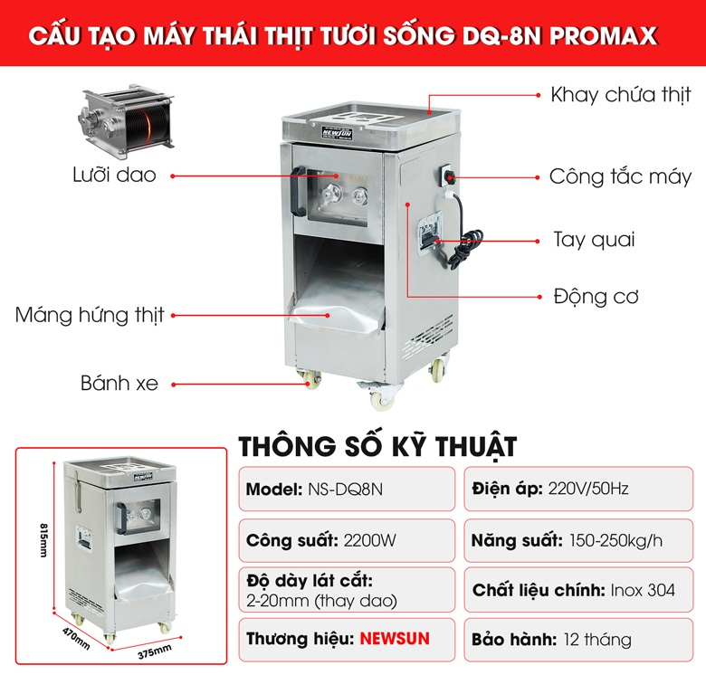 Cấu tạo máy thái thịt tươi sống DQ-8N PROMAX