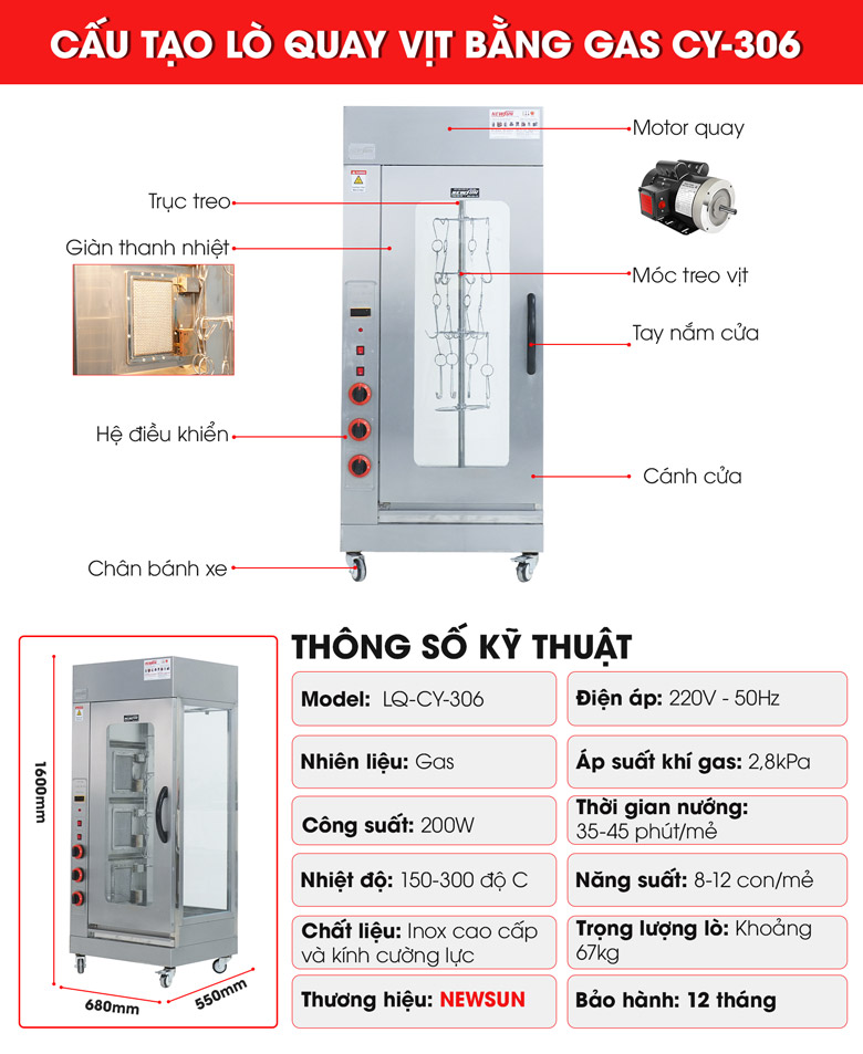 Cấu tạo lò quay gà vịt bằng gas CY-306