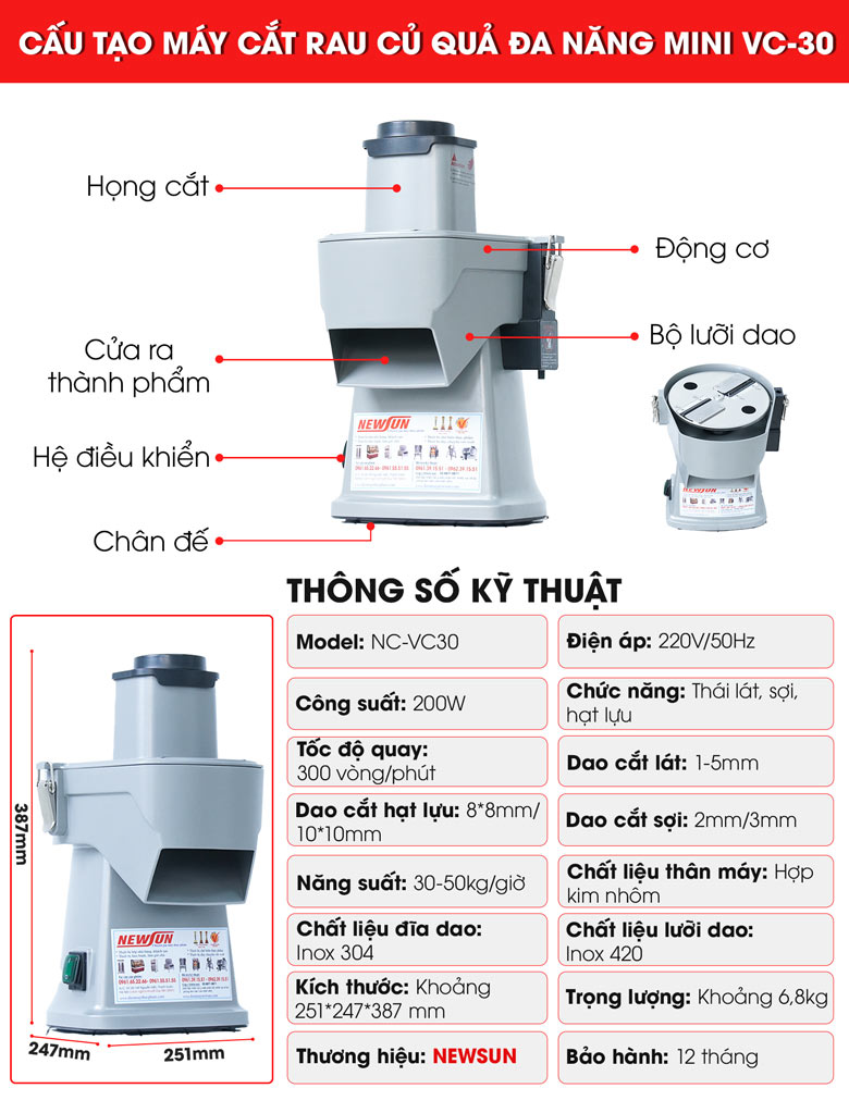 Ảnh chi tiết cấu tạo máy thái rau củ quả đa năng VC-30