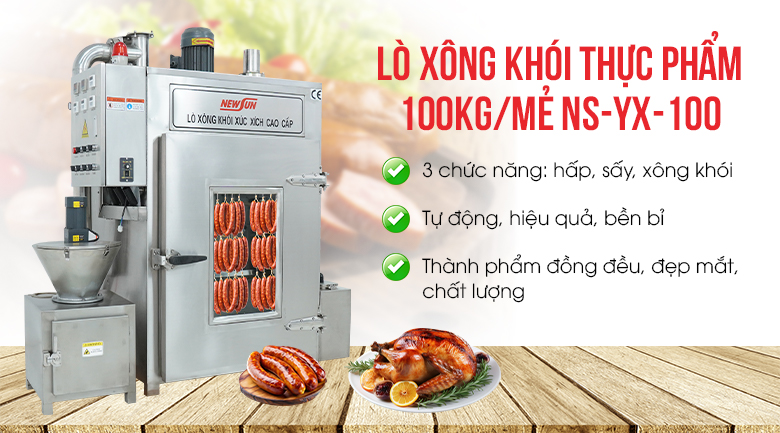 Lò xông khói thực phẩm 100kg/mẻ NS-YX-100 là giải pháp xông khói thực phẩm số lượng lớn tự động, hiệu quả