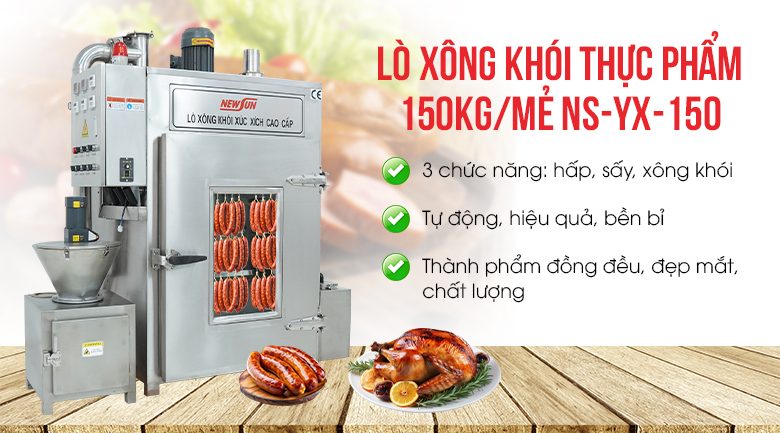 Lò xông khói thực phẩm 150kg/mẻ NS-YX-150 là giải pháp xông khói thực phẩm số lượng lớn tự động, hiệu quả