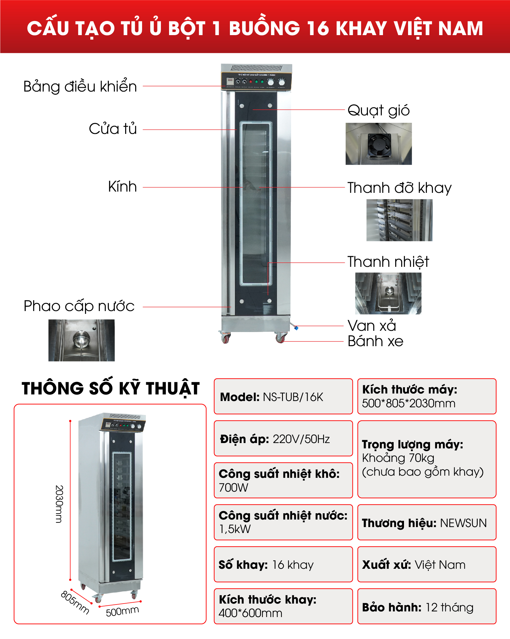 Cấu tạo tủ ủ bột 1 buồng 16 khay Việt Nam