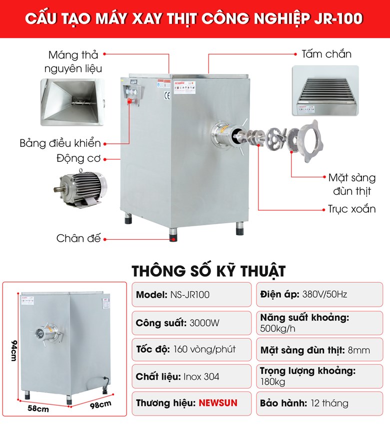 Cấu tạo máy xay thịt công nghiệp JR-100