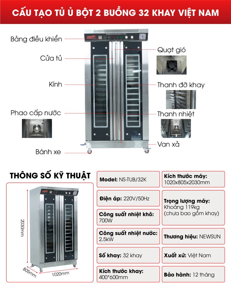 Cấu tạo tủ ủ bột 2 buồng 32 khay Việt Nam Cấu tạo tủ ủ bột 2 buồng 32 khay Việt Nam