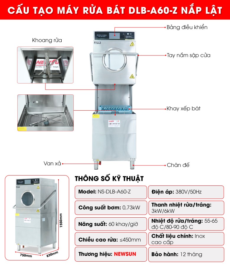 Cấu tạo máy rửa bát nắp lật DLB-A60-Z