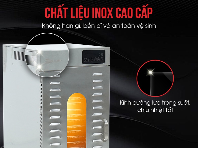 Chất liệu inox không han gỉ và kính cường lực chịu nhiệt