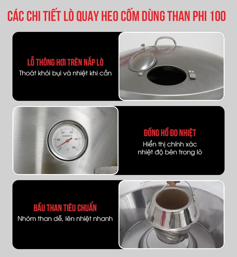 Các chi tiết của lò quay heo cốm nguyên con phi 100