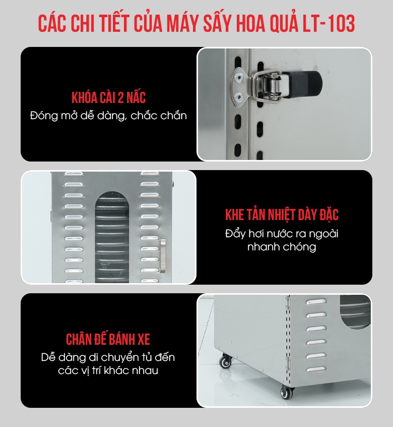 Các chi tiết khác của máy sấy hoa quả 20 khay xoay LT-103