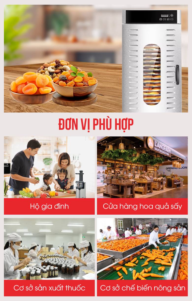 Máy phù hợp với các hộ gia đình, cửa hàng, cơ sở kinh doanh chế biến đồ sấy khô