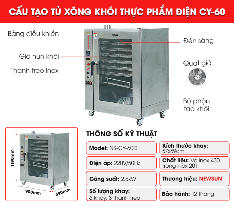 Cấu tạo tủ xông khói thực phẩm điện CY-60