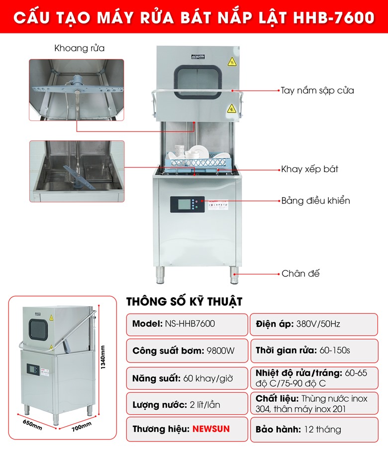 Cấu tạo máy rửa bát nắp lật HHB-7600