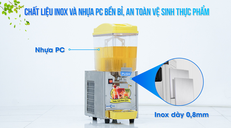 Chất liệu inox và nhựa pc bền bỉ, an toàn vệ sinh thực phẩm