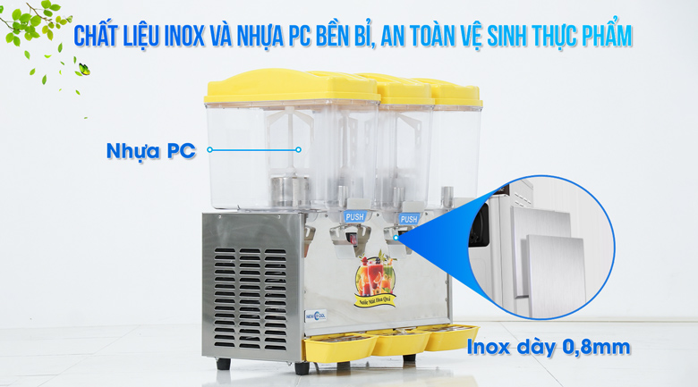 Sử dụng chất liệu inox và nhựa PC bền bỉ, an toàn vệ sinh thực phẩm