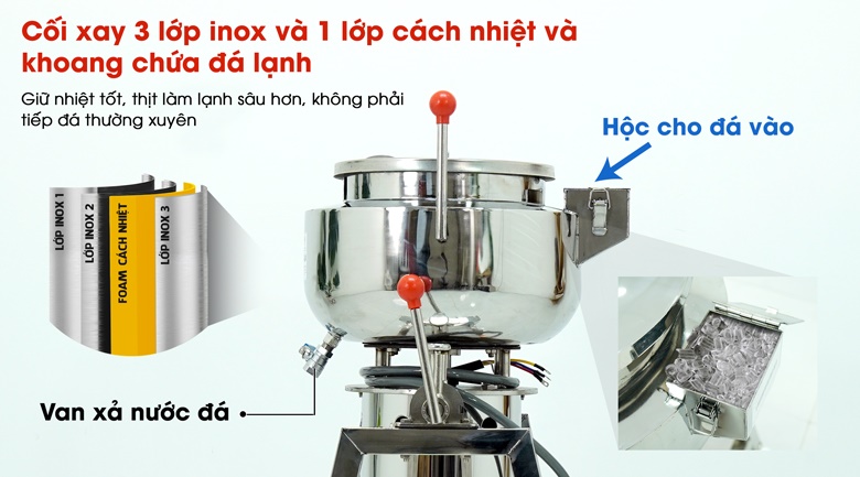 Cối xay cách nhiệt có khoang đá lạnh, giúp làm lạnh giò nhanh chóng, không bị chín bở