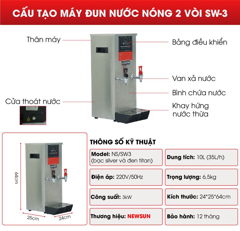 Cấu tạo máy đun nước nóng SW-3 2 vòi