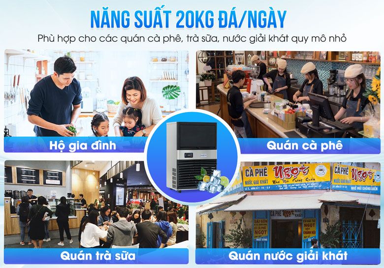 Máy tạo đá viên 20kg ZB-50A phù hợp với các quán cà phê, trà sữa quy mô nhỏ lẻ