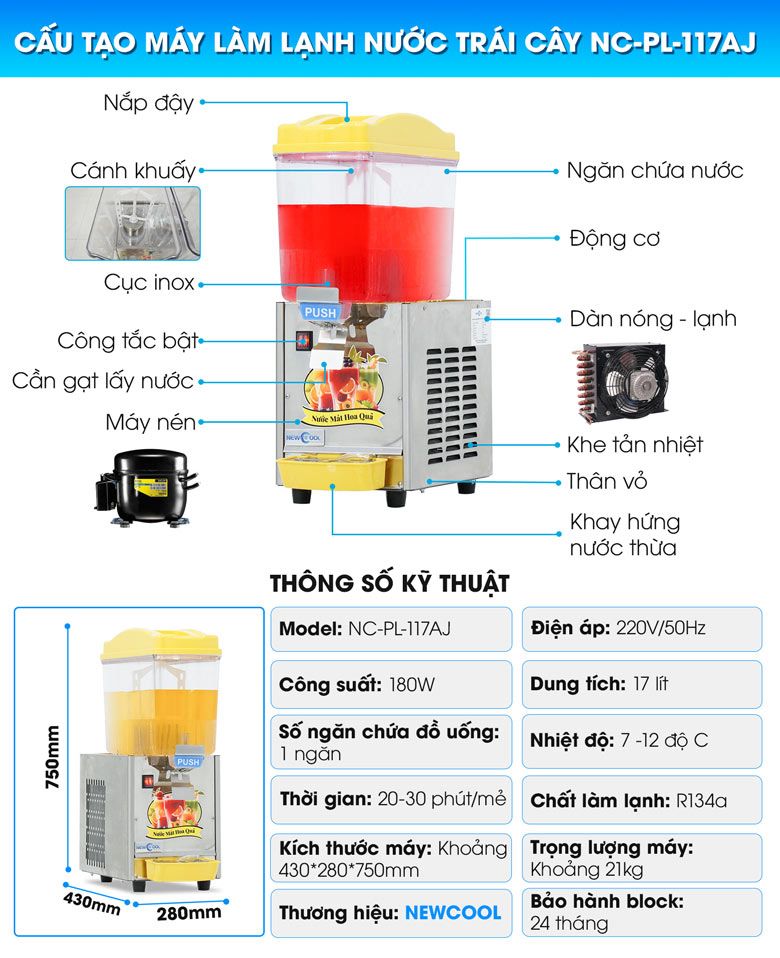 Cấu tạo máy làm mát nước trái cây 1 ngăn NCPL-117AJ