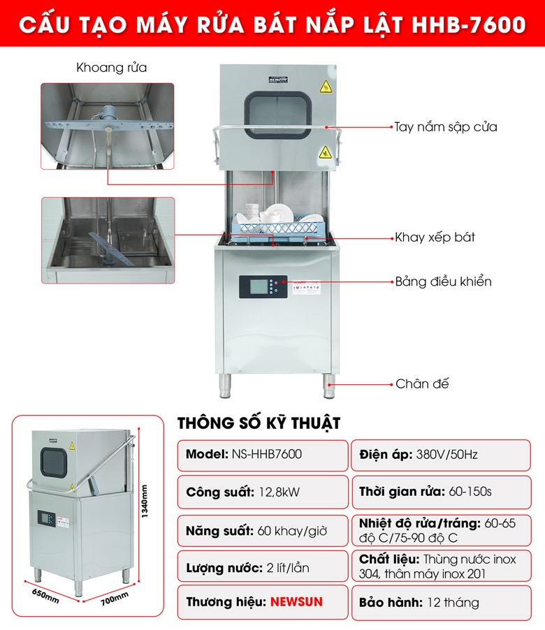 Cấu tạo máy rửa bát nắp lật HHB-7600