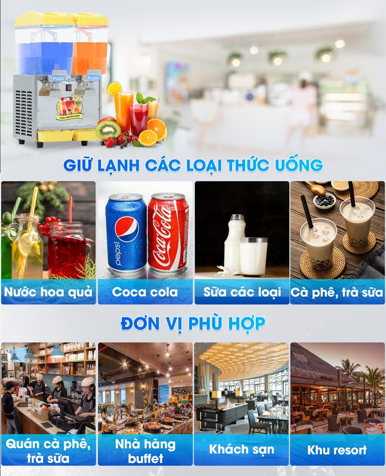 Máy làm mát nước trái cây 2 ngăn phù hợp với nhiều loại thức uống và đơn vị khác nhau