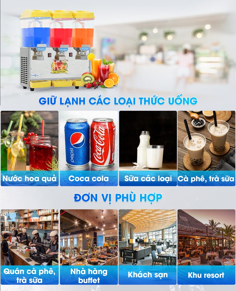 Máy làm mát nước trái cây NEWCOOL phù hợp với nhiều loại thức uống