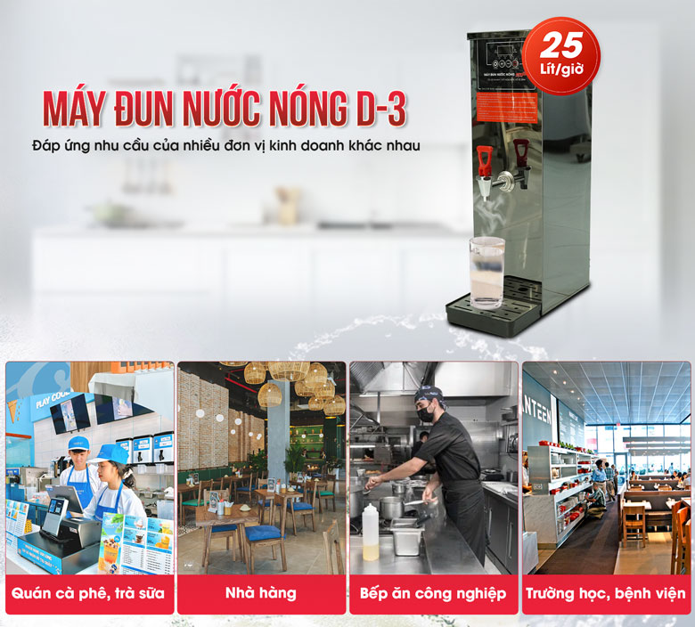 Máy đun nước nóng 1 vòi D-3 đáp ứng tốt nhu cầu các quán cà phê, trà sữa, cửa hàng tiện lợi,…