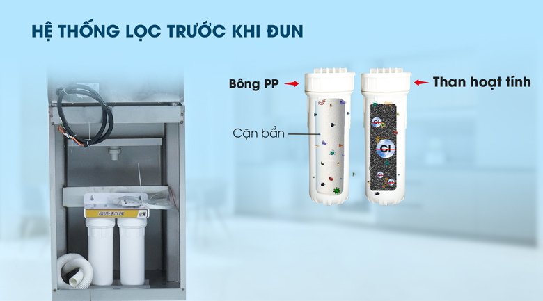 Hệ thống lọc thứ cấp giúp làm sạch nước, đảm bảo vệ sinh trước khi đun