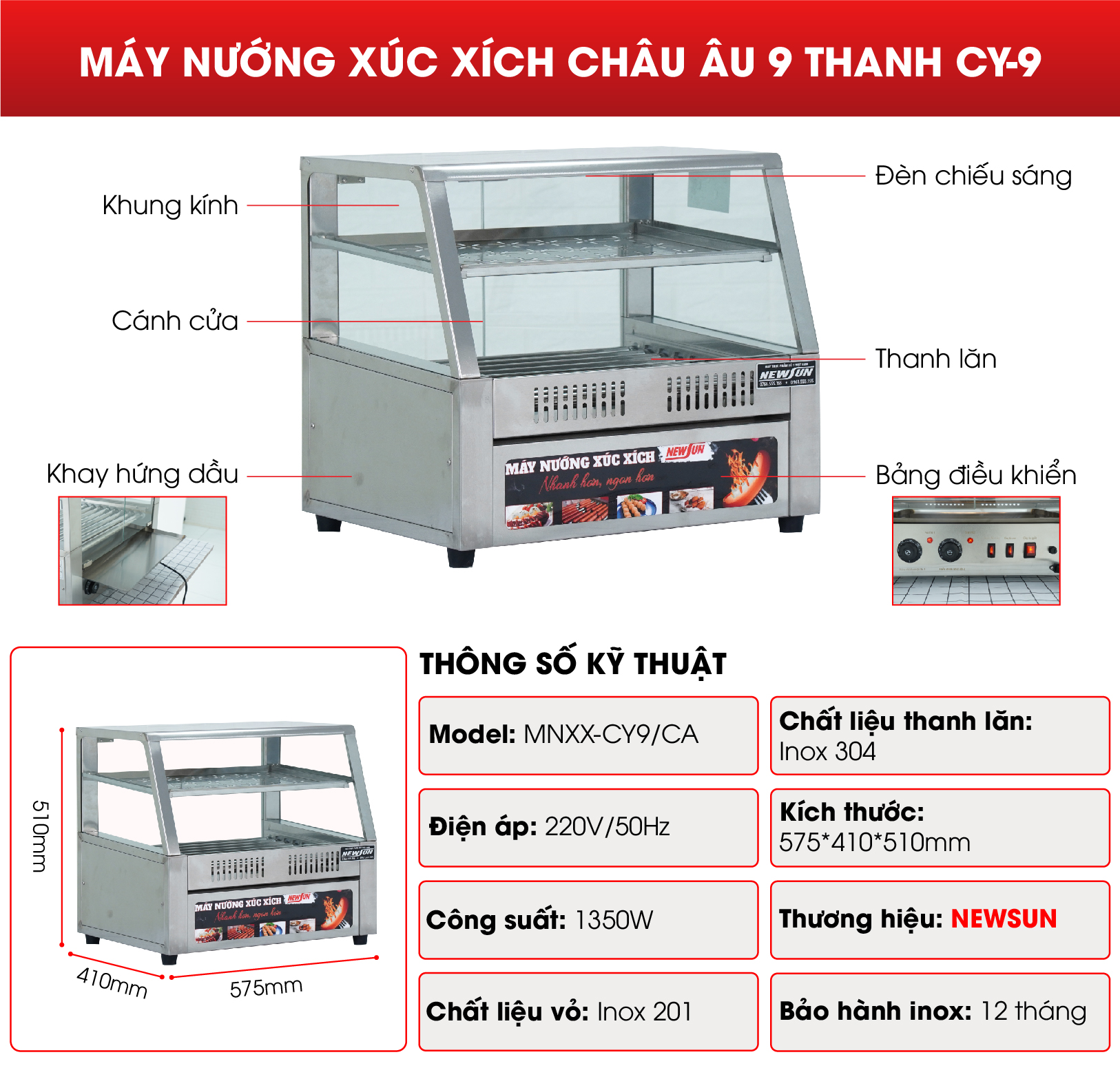 Cấu tạo máy nướng xúc xích Châu Âu 9 thanh CY-9