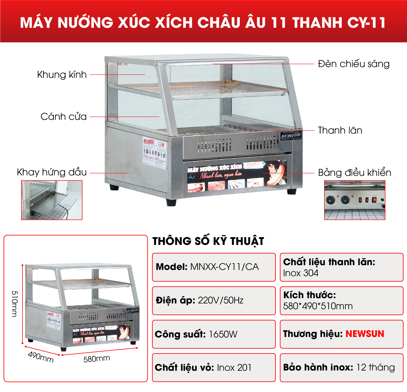 Cấu tạo máy nướng xúc xích Châu Âu 11 thanh CY-11