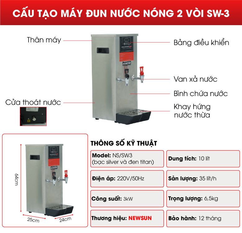 Cấu tạo máy đun nước nóng SW-3 2 vòi