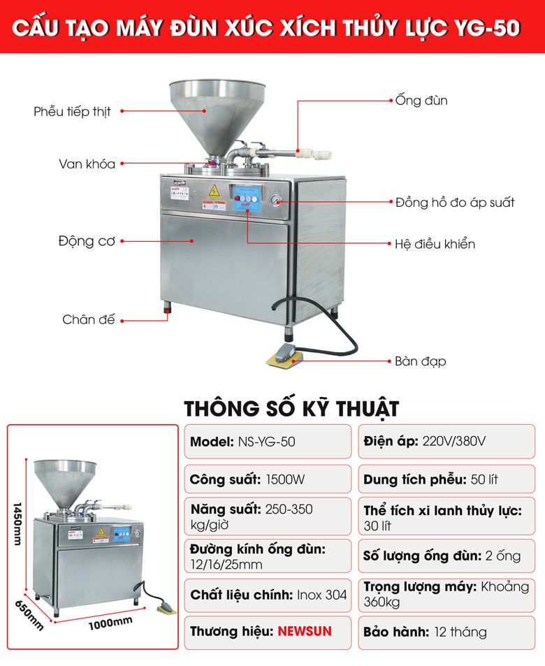 Cấu tạo máy đùn xúc xích thủy lực liên tục YG-50