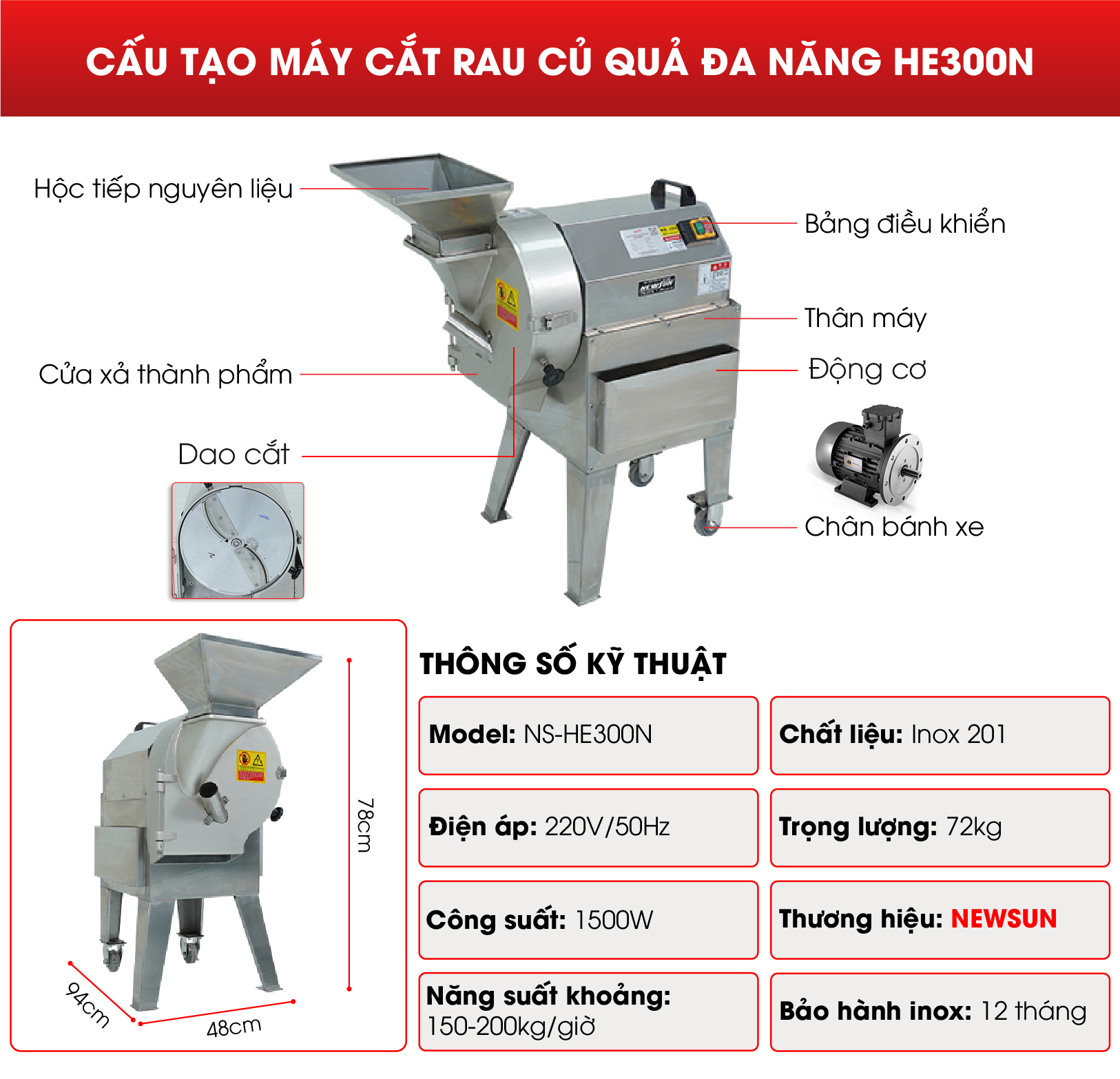 Cấu tạo máy cắt rau củ quả đa năng HE300N