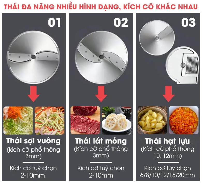 Máy có khả năng thái đa năng nhiều hình dạng, kích cỡ khác nhau