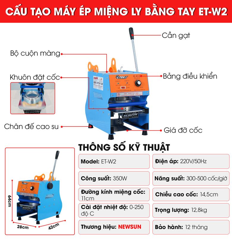 Cấu tạo máy ép miệng ly bằng tay ET-W2