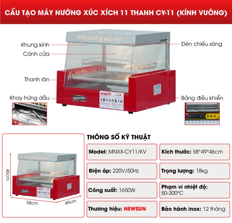 Cấu tạo máy nướng xúc xích 11 thanh CY-11 (kính vuông)